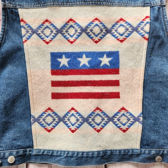 Pendleton Vintage Denim Vest Wool Blanket USA Flag Red White | Women's Size XL - Picture 6 of 12